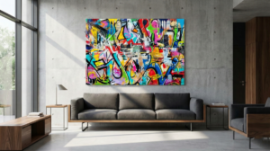Grand tableau street art coloré accroché au mur d'un salon moderne pour une décoration tendance 2025