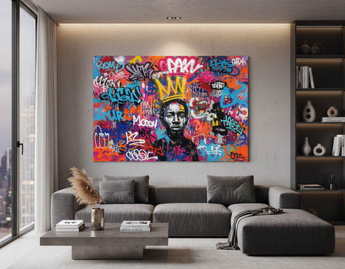 Tableau street art XXL coloré dans un salon moderne et minimaliste, pièce maîtresse d'une décoration tendance 2025.